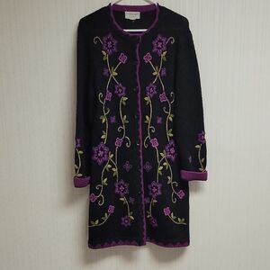 Victor Costa, Women's Black and Purple Floral Cardigan, Medium. Embroidered
